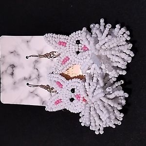 Easter beaded Earrings hypoallergenic bunnies white & pink 3 x 1 inch